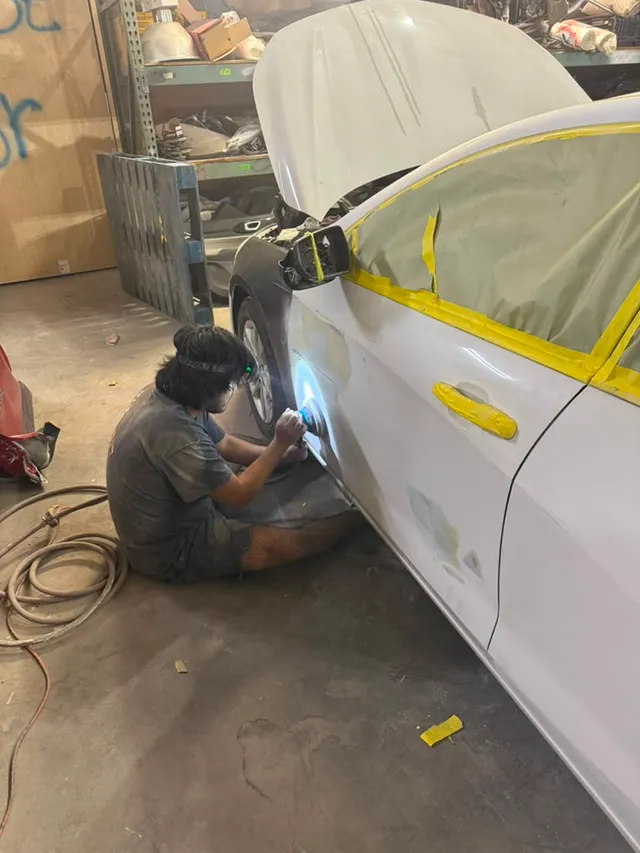 White coupe — spot progress — Stop N Go auto body & paint, Stone Mountain GA